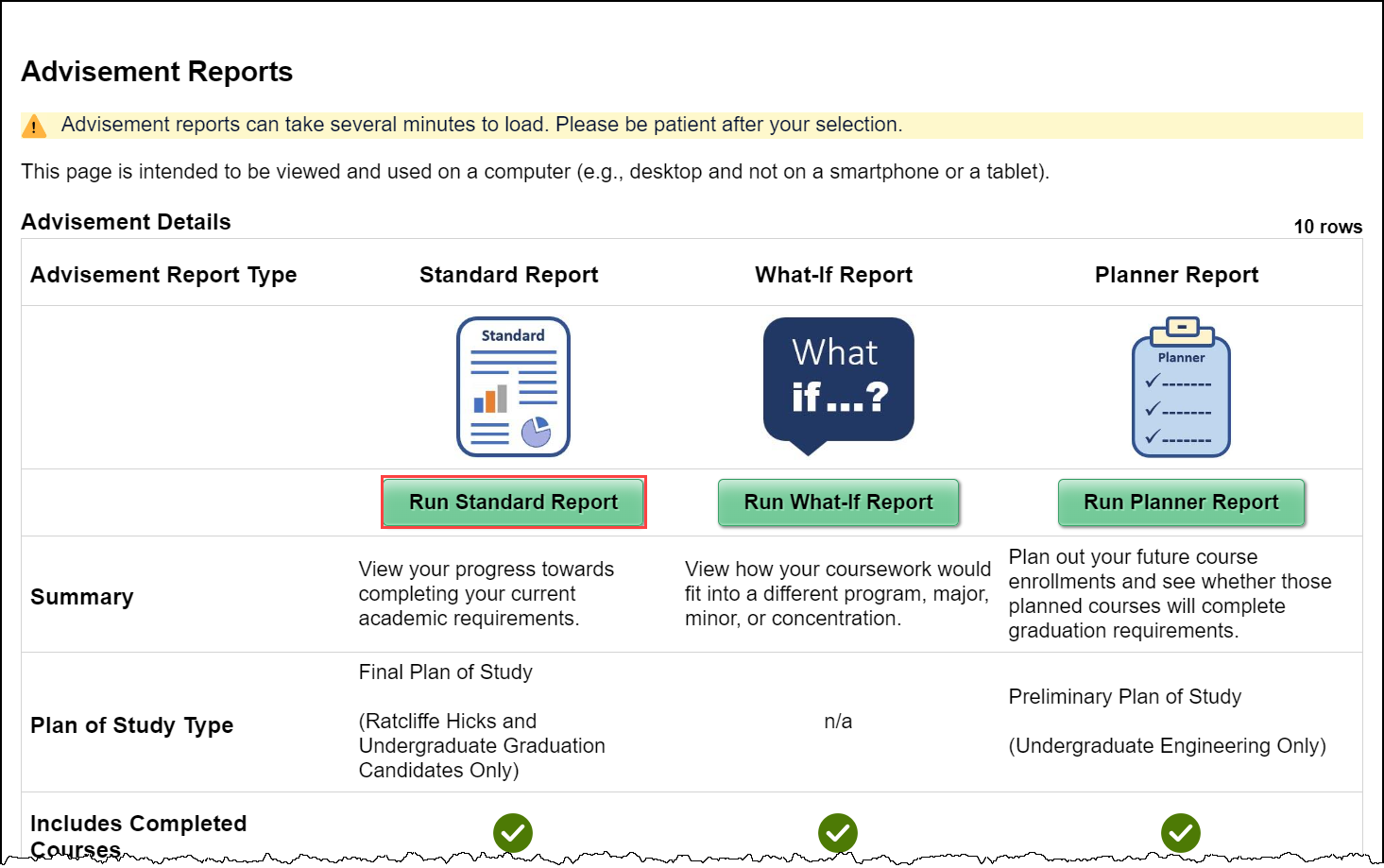 The Run Standard Report button is highlighted on the Advisement Report landing page.