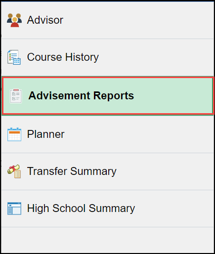 Select the Advisement Reports menu option in the Academic Progress and Advising tile.