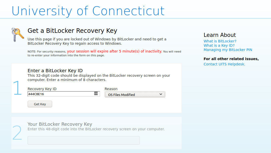 Getting a Bitlocker Recovery Key - Information Technology - UConn Knowledge  Base